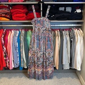 DEX pink/blue paisley print back cut out/smocked maxi dress size S NWT